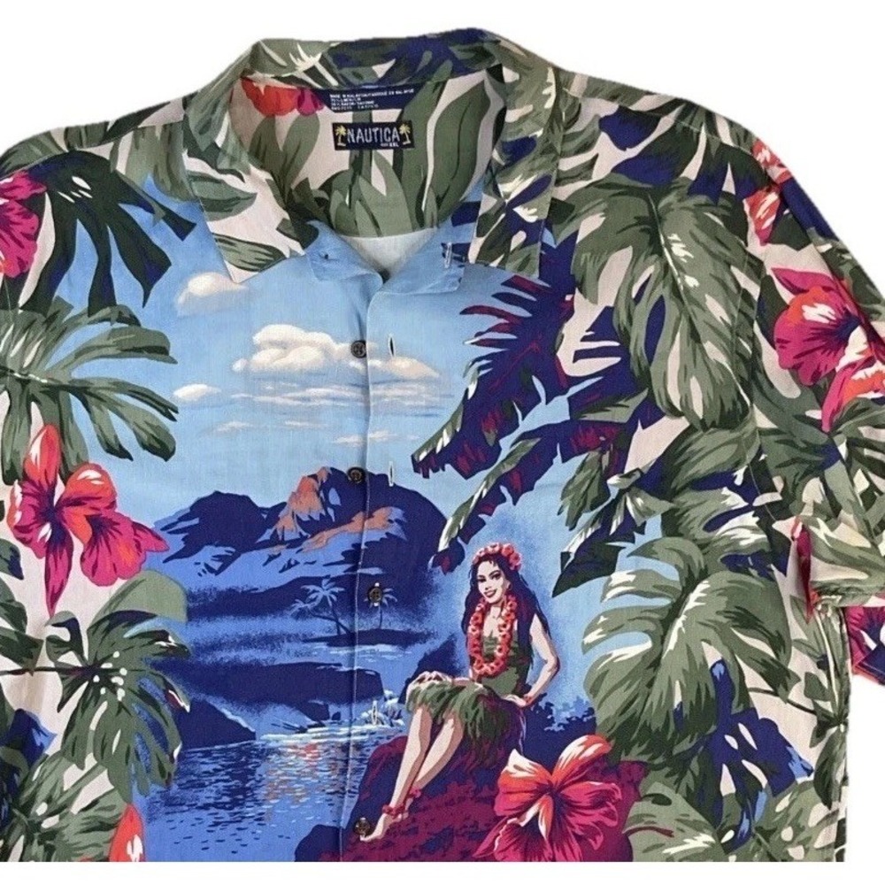 Vintage 90s Nautica Hula Girl Hawaiian Shirt Mens‎ 2XL Linen Blend Oversized